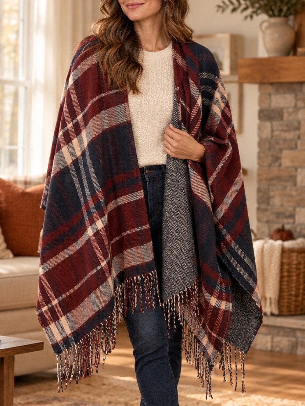 Liz Claiborne Plaid Soft Blanket Shawl Ruana Fringe Burgundy Navy One Size
